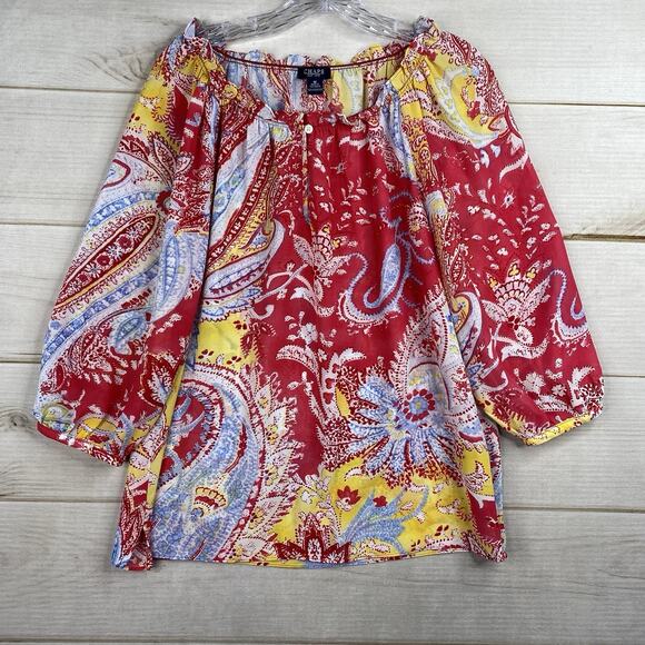 Chaps Ralph Lauren Top Womens M Red Paisley Colorful Peasant Boho Artsy Sheer - Picture 1 of 7